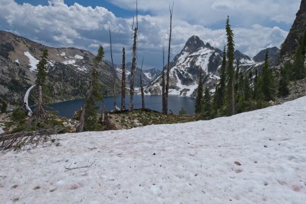 I am pleasantly surprised!  I arrive at the high point of the loop overlooking Mount Regan above Sawtooth Lake, sooner than expected.  The trail takes a circuitous route to this pass, often crossing large sections of snow unnecessarily.  Having done it several times, I find it is much easier and faster to head up to the saddle without trying to keep track of the often buried trail.  For years, I did not post photos from this fabulous perspective.  It is a well deserved reward for those who make the effort!
