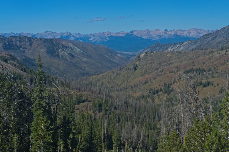 Across the Sawtooth Valley, one can see Mt. Cramer on the north and Snowyside Peak to the south.  The latter in encountered on the Petit-Toxaway loop between Alice and Toxaway Lakes.  The 11 mile road leading to Fourth of July Creek trail head climbs the drainage in the center of the photo.
