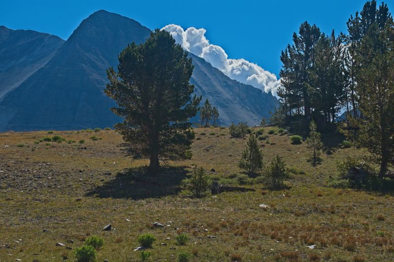 Getting near the pass high in Iron Basin which descends to the entrance of Bighorn Basin.  I wondered momentarily if this was smoke from a forest fire--fortunately, just the first clouds I have seen today.
