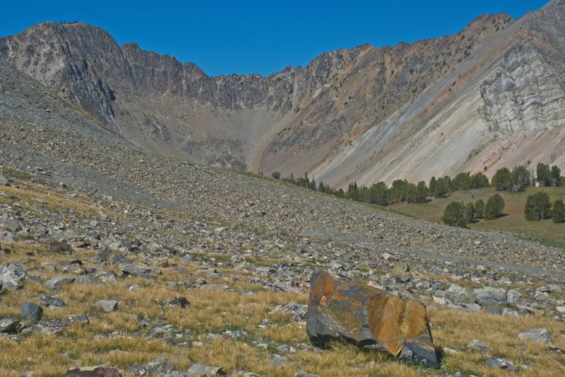 Watson Peak looms above the entrance Iron Basin proper, to the west.
