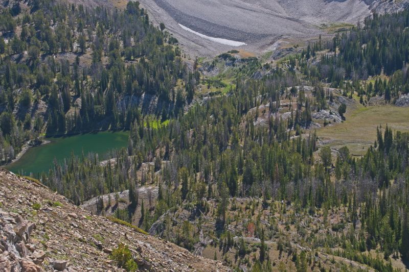 The view from the pass between Iron Basin and Bighorn Basin, looking down at Ocalkins Lake.  I am almost out of water, having missed the stream at the 8700' elevation in Iron Basin.  I don't want to descend to the lake.  I appears I can find water in the drainage well above the lake, northeast of Bighorn Basin.
