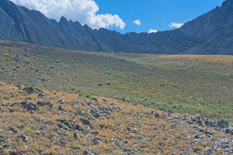 The path opens up into Bighorn Basin at about 9600', nearing the beginning of the steep climb to the saddle.  The weather is looking good.
