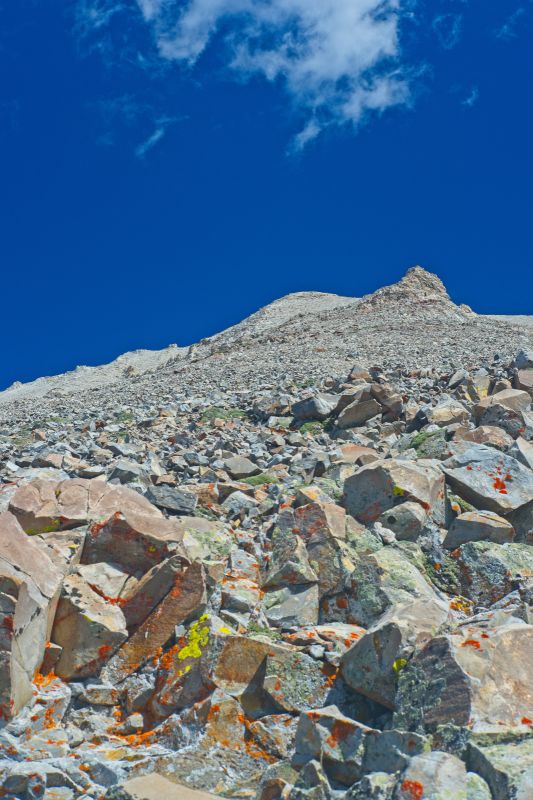 I plan to reach that outcrop, crossing below it on the left (north) side.  The wider lens makes this look less steep than it is.  The previous shot gives a better idea if how steep the route is.
