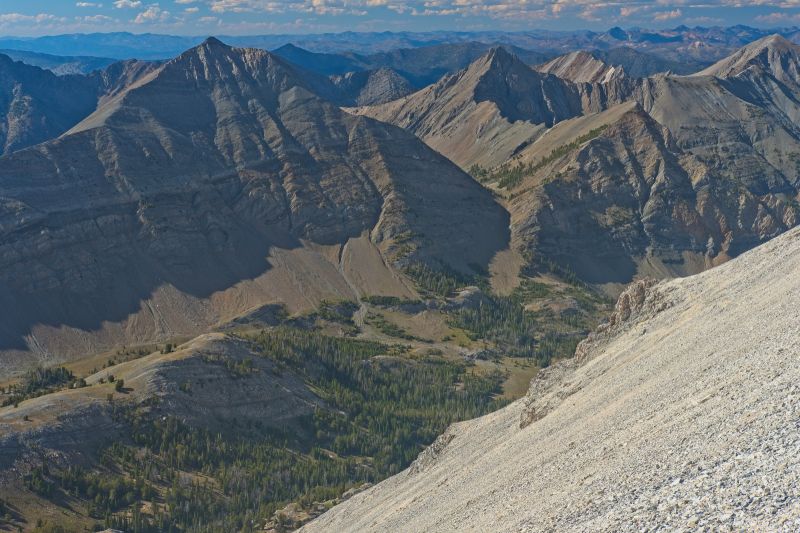 Looking northwest from the WCP-9 / D. O. Lee Peak saddle.  The entrance to the upper end of Iron Basin is seen just right of the center of the frame.
