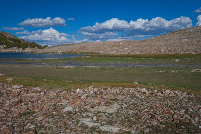 Another stream flows into the south end of Cirque Lake.  The lake is very shallow at the inlet of this stream.  It's already 6 pm, and my hopes of getting a line in the water at Cove Lake are dwindling.  Still have to set up the tent, set the hang for the food, pump water, and make some dinner.
