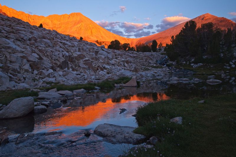 WCP-9 / D. O. Lee Peak saddle; alpenglow at dawn from inlet at Cove Lake, Big Boulder Lakes Basin.
