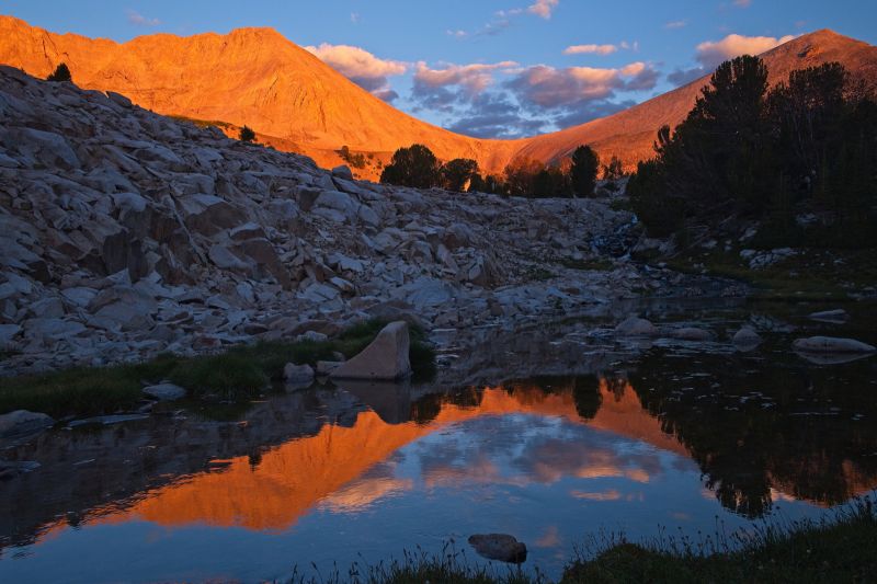 South from the inlet at Cove Lake, Big Boulder Lakes Basin at dawn.
