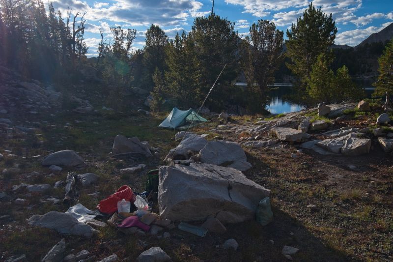 Camp above the inlet of Cove Lake, Big Boulder Lakes Basin, morning light.  40% chance afternoon thundershowers predicted.  Fortunately, this is a layover day; I won't be crossing any high, exposed passes.  I hope to catch some fish.
