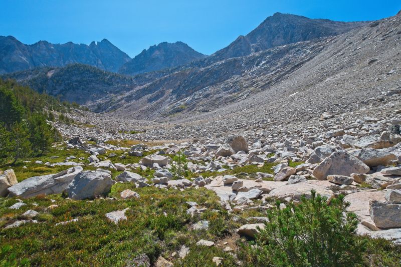 Making my way down to Island Lake, just around that lowest ridge to the left.  Despite what it looks like, there is no boulder-hopping or loose talus to navigate on this descent.  There is even a trail for the most part.
