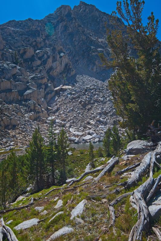 This route may not be as fast as "sidehilling" through the unstable talus directly from the southeast side of Cove Lake, but it far more enjoyable.  Upon reaching the first of three tarns, I climb out of the drainage onto the ridge on the north side of the drainage to avoid the talus at the tarn inlet.
