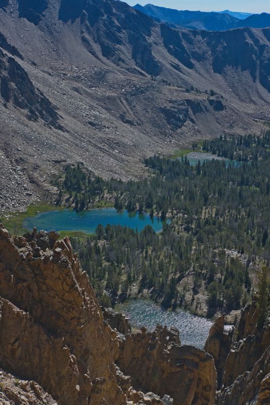 The view down the steep west face to the Born Lakes.  I'm told their are two chutes.  The chute on the south side is supposed to be better for climbing, while the north chute is better to descend.  I've only descended via the north chute, so I can't confirm this.
