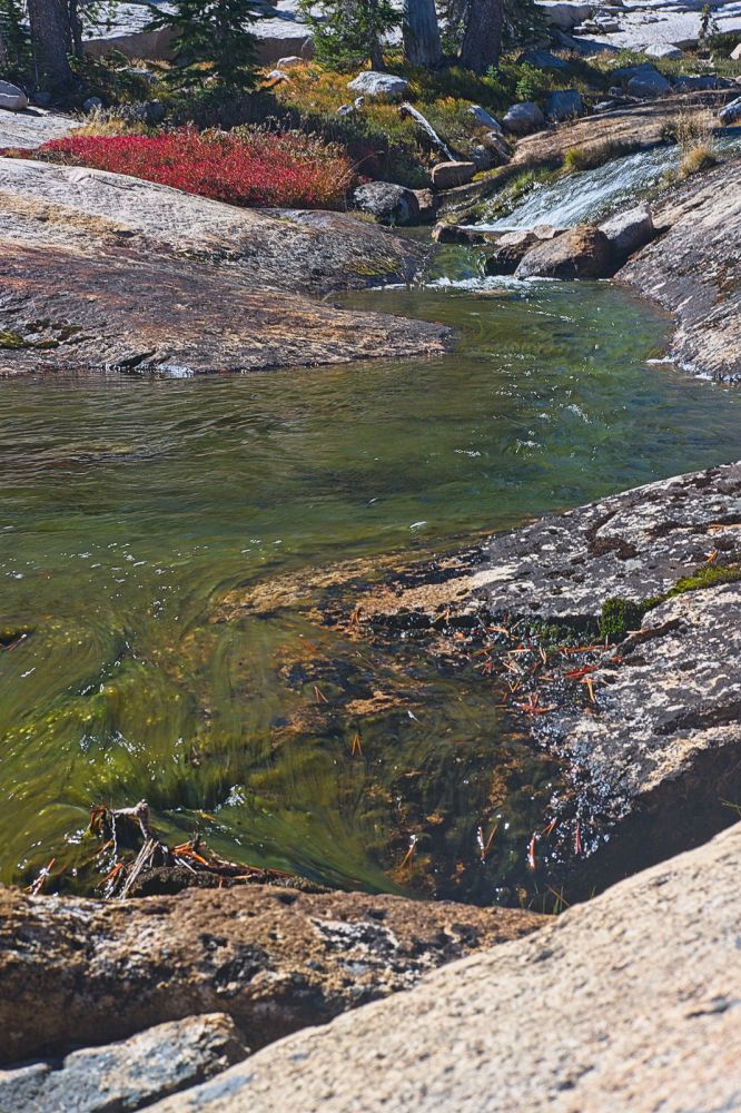 Outflow stream from Lake 8556' flowing across granite slabs.
