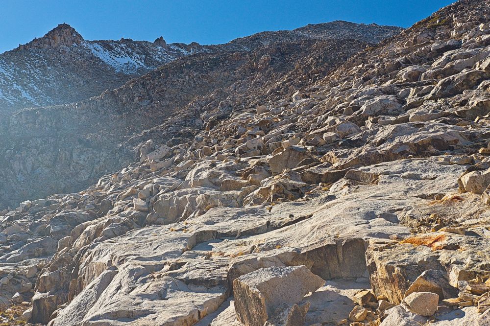 I can see the East Ridge of Mt. Cramer and it looks straightforward.  The summit is on the skyline, about 1/3 toward the center from frame right.  I've set a turnaround time of 4 pm, which is rapidly approaching.  I figured 4 hours up, 2 hours down.  That leaves me some wiggle room.  I violate this by pushing the turnaround to 4:30 pm.
