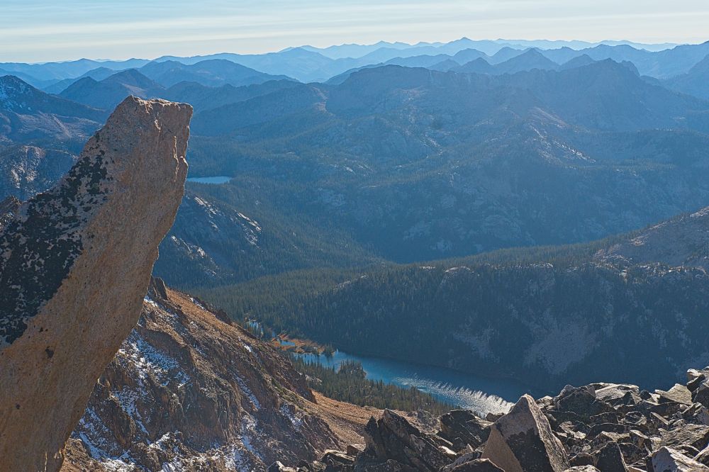 I arrive on the summit at 4:45 pm.  I take a series of shots immediately.  I don't see a summit register, but this is clearly the summit.  The view is southwest down to Hidden Lake in the foreground.  Further south is Virginia Lake, which I have visited on a previous trip, leaving the Petit-Toxaway Loop.
