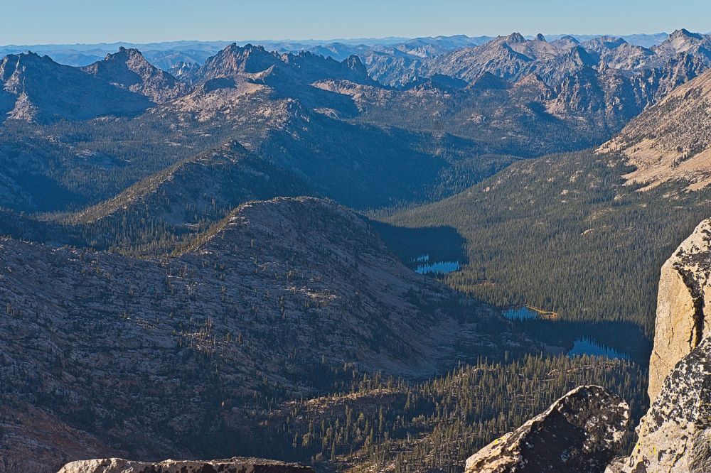 To the north are the Cramer Lakes.  From the right, Middle and Lower Cramer Lakes are visible.  Upper Cramer Lake is not visible in this photo.
