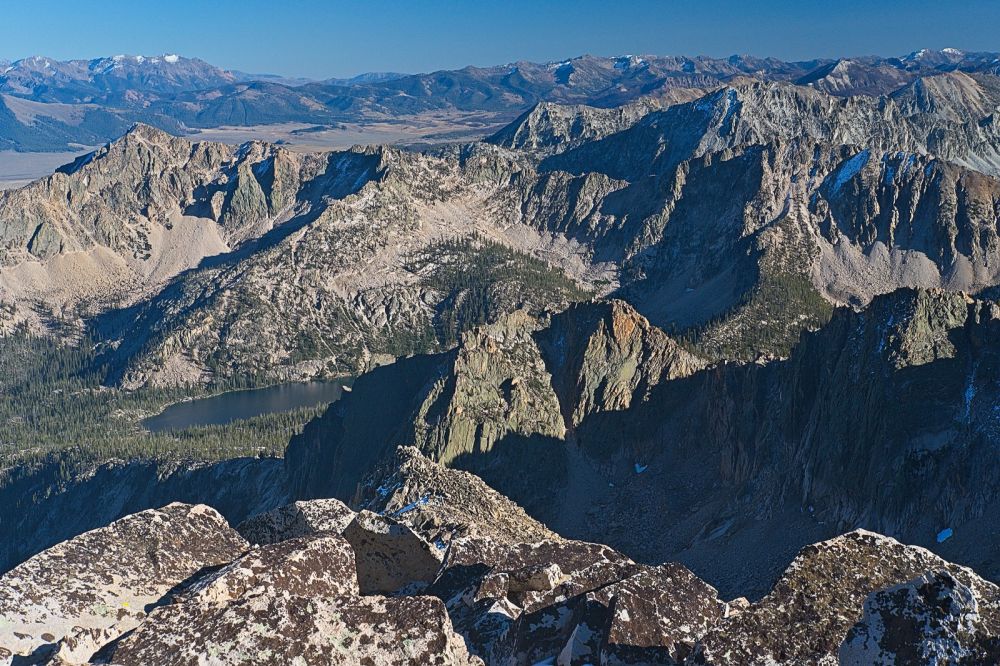 To the southwest is Imogene Lake (below center of frame to the left side of frame), where I started at noon.  The Boulder Mountains are across the Stanley Valley (on the skyline right of center).
