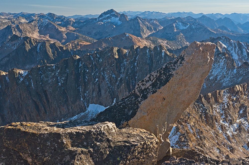 To the south, Snowyside Peak, rising south of Toxaway Lake (hidden from view), appears as the highest peak on the skyline, just left of center.  I have summited this peak twice.
