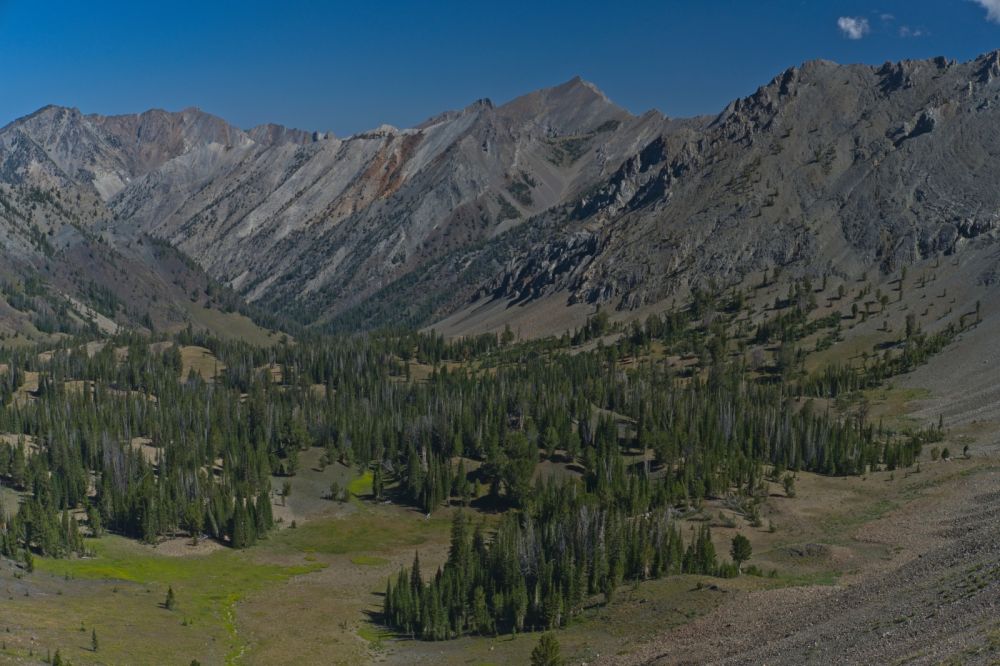 Strawberry Basin opens to the NW, then curves NE, descending to Warm Springs Creek.
