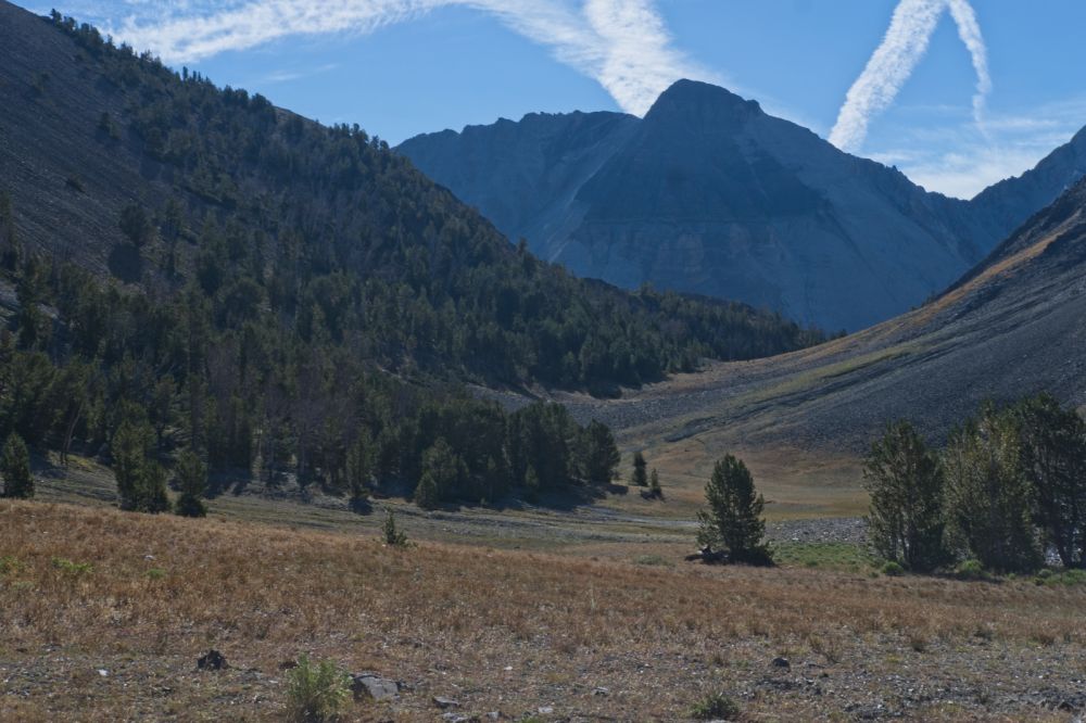 Approaching the E end of Iron Basin.  My objective, the saddle between D. O. Lee Peak and WCP-9 is just around the corner to the SE.
