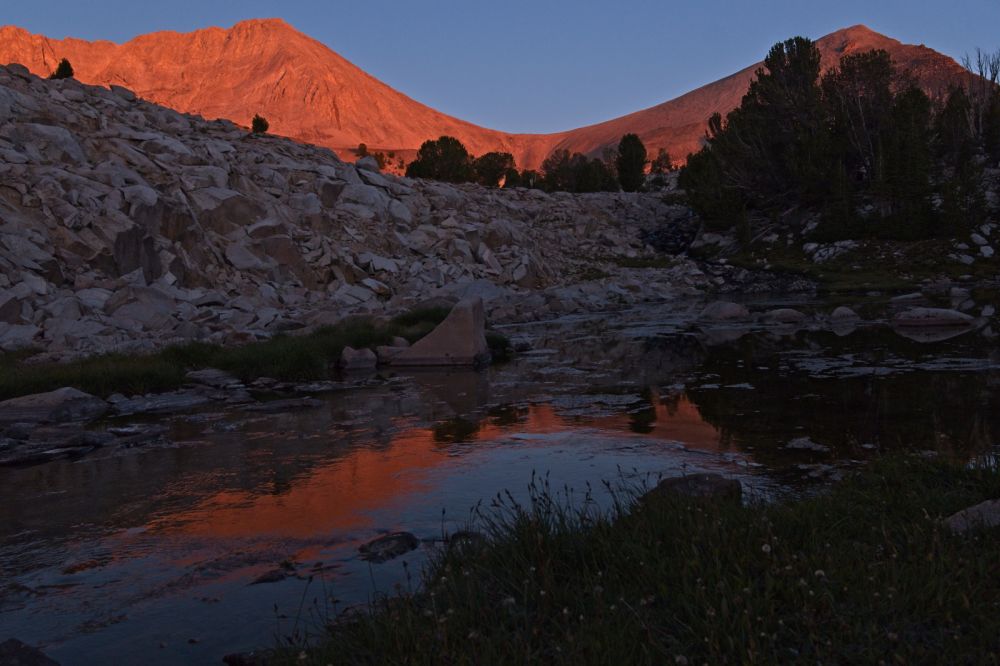 Alpenglow; the saddle between D. O. Lee Peak and WCP-9.  Just before 7 am, the alpenglow is much more intense this morning due to clear skies.
