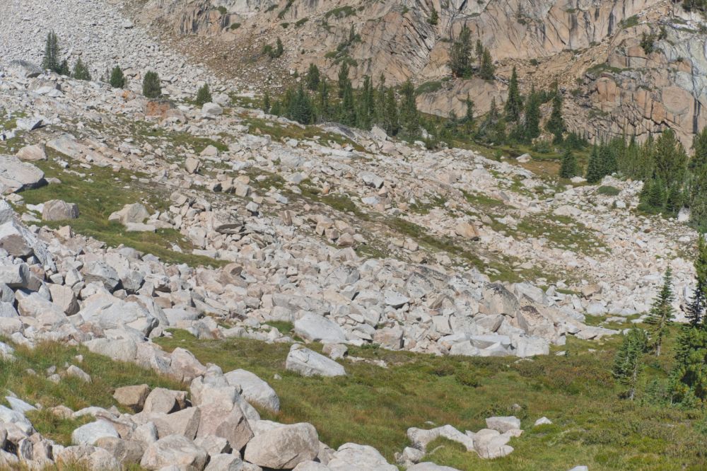 Climbing to this point, well above Island Lake, the only boulder-hopping was that short section (30'?) in the foreground.  It's almost all grassy slope.
