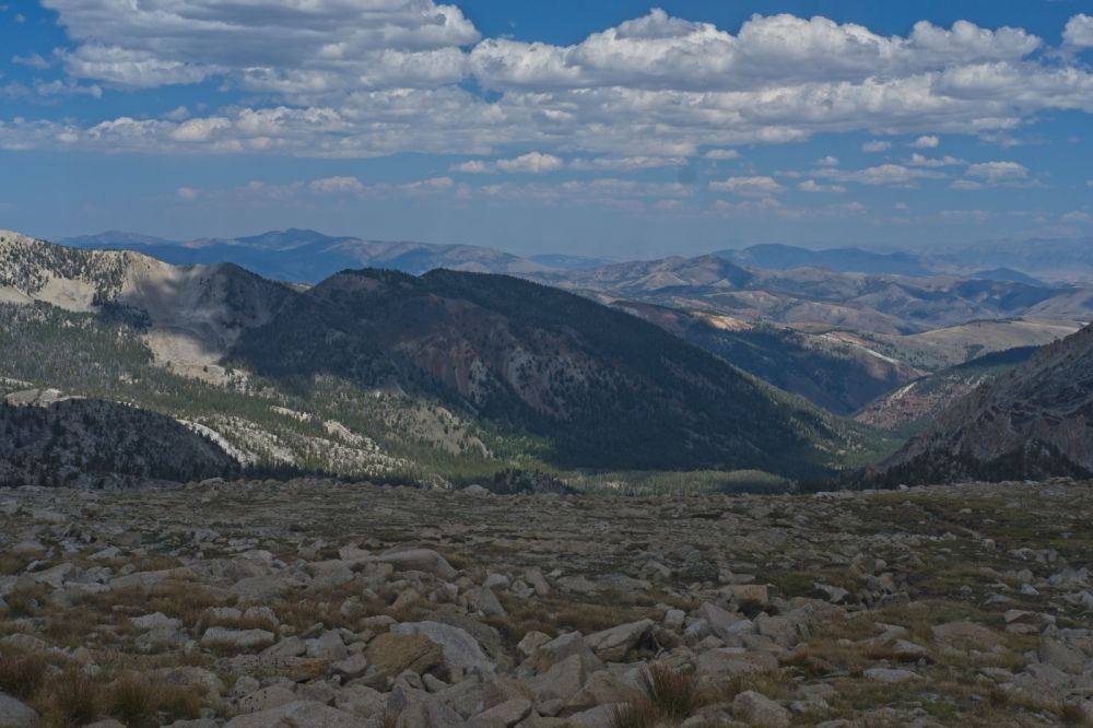 NE down Big Boulder Creek, from above the lower saddle, below the crossing.  The clouds dapple the view with shadows.
