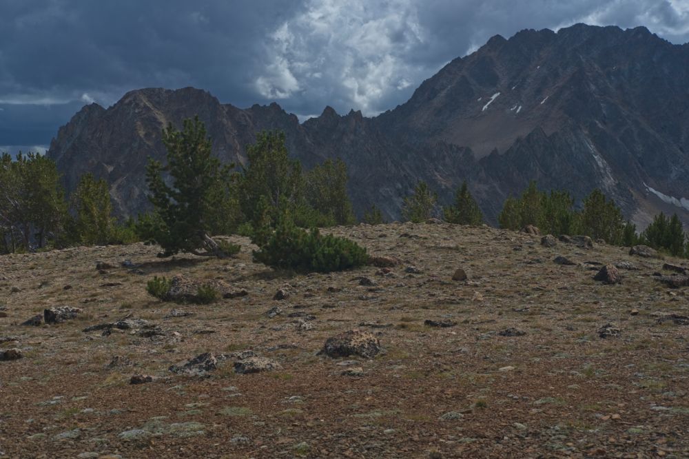 At Windy Devil, the sun pops out briefly, lighting the foreground, and the N end of Serrate Ridge.  The ominous dark sky tells me the drama is not over.
