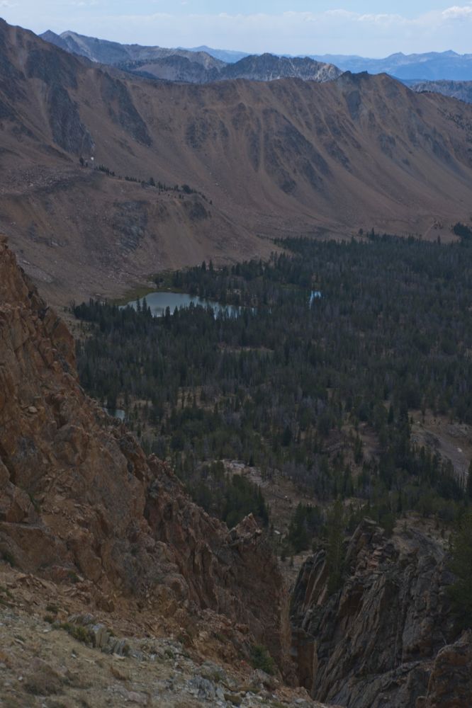 The Born Lakes SW of the Devil's Staircase.  The horizon is surprisingly clear of smoke.  I've read the more northerly of the two chutes is best for a descent, while the chute just S (bottom foreground) is better ascended.  I cannot confirm this as I have only descended the more northerly of the two chutes.  That chute seems to go on and on, the lower third being the most tedious due to the loose scree.  I try to stay close to the solid rock on either side of the chute.
